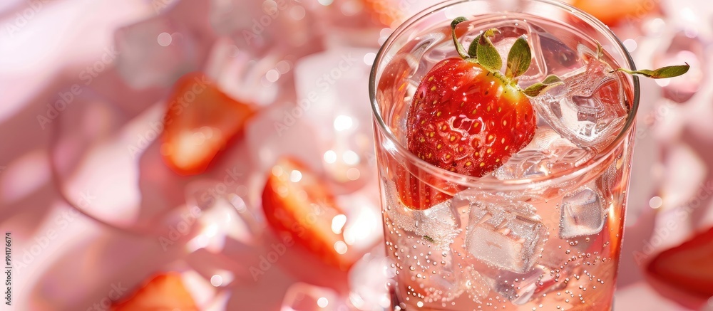 Poster A refreshing cold strawberry water drink with ice garnished with a single strawberry set against a bright backdrop shown from the side designed with copy space image for text in a banner