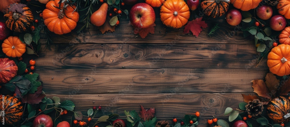 Leinwandbilder top view of a wooden table adorned with autumn pumpkins fruits and fall leaves creating a thanksgivi