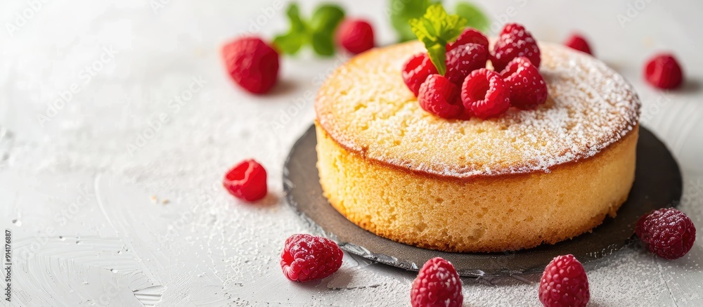 Poster Sponge cake on a white backdrop with copy space image