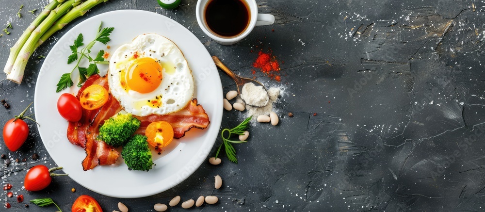 Poster Menu concept showcasing a nutritious breakfast with fried eggs bacon vegetables asparagus beans and coffee Background for food presentation with ample copy space in a top view shot