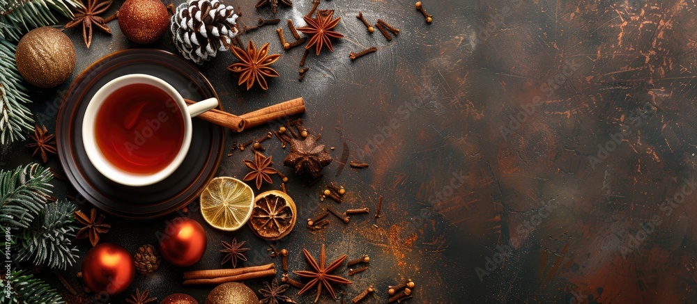 Aufkleber festive winter themed black tea with aromatic spices and christmas decorations displayed on a backgr