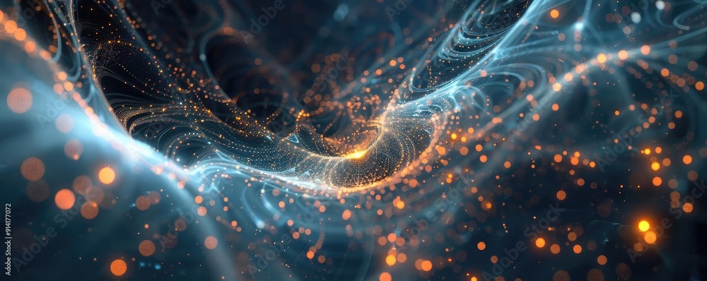 Poster A mesmerizing abstract image showcasing vibrant lights and swirling patterns in an ethereal digital space.