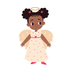 Girl Character in Angel Costume Celebrate Christmas Holiday at Winter Vector Illustration