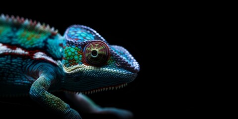Fototapeta premium A close up of a green and blue lizard with a red stripe on its face. The lizard is looking at the camera