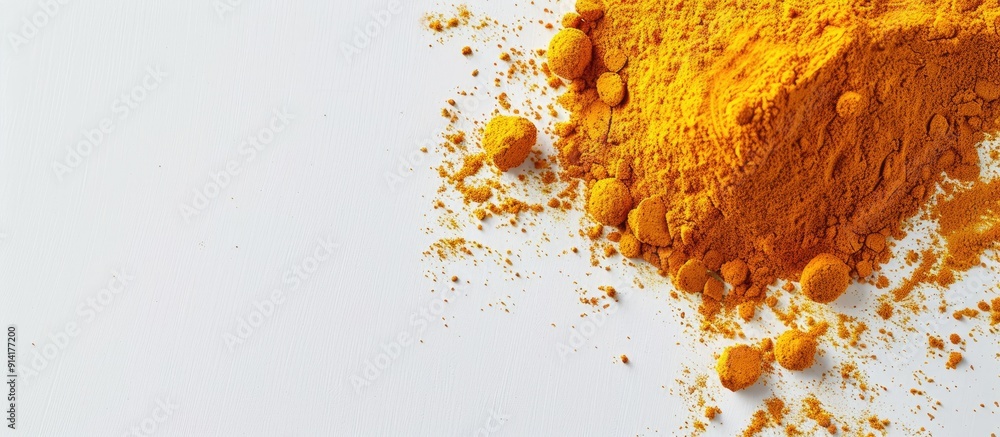 Poster turmeric powder displayed on a white background with ample copy space image in a top down perspectiv