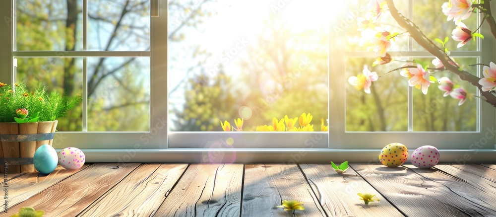Poster a sunny day with a white window and an easter theme on a wooden board with ample copy space image fo