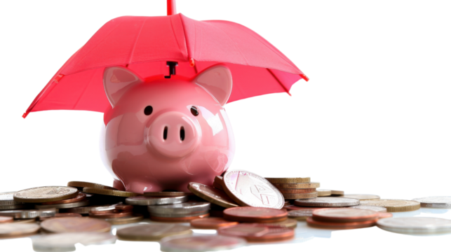 A pink piggy bank with money and red umbrella on transparent background