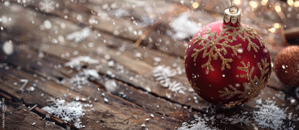 Poster festive christmas ornament displayed on a rustic wooden background with delicate snowflakes accompan