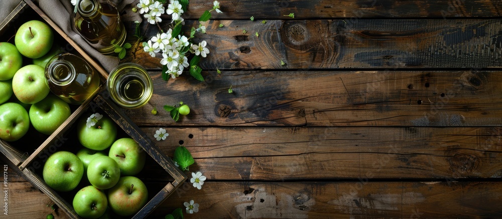 Aufkleber top view of a wooden table with a wooden box filled with ripe green apples a branch of white flowers