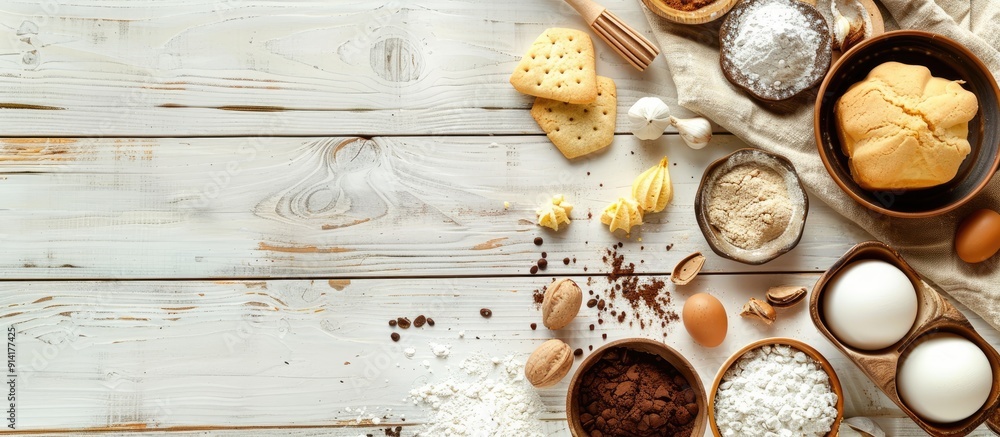 Poster ingredients for baking cake pastry or cookies on a white wooden backdrop in a top view copy space im