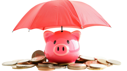 A pink piggy bank with money and red umbrella on transparent background