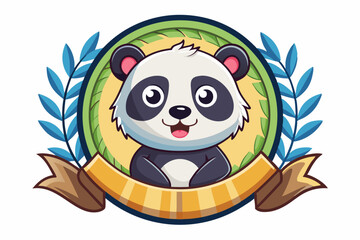 Fototapeta premium Cute Cartoon Panda Bear with Green Bamboo Leaves and Ribbon