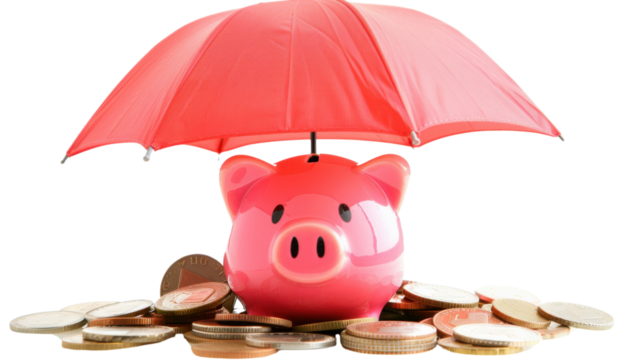 A pink piggy bank with money and red umbrella on transparent background