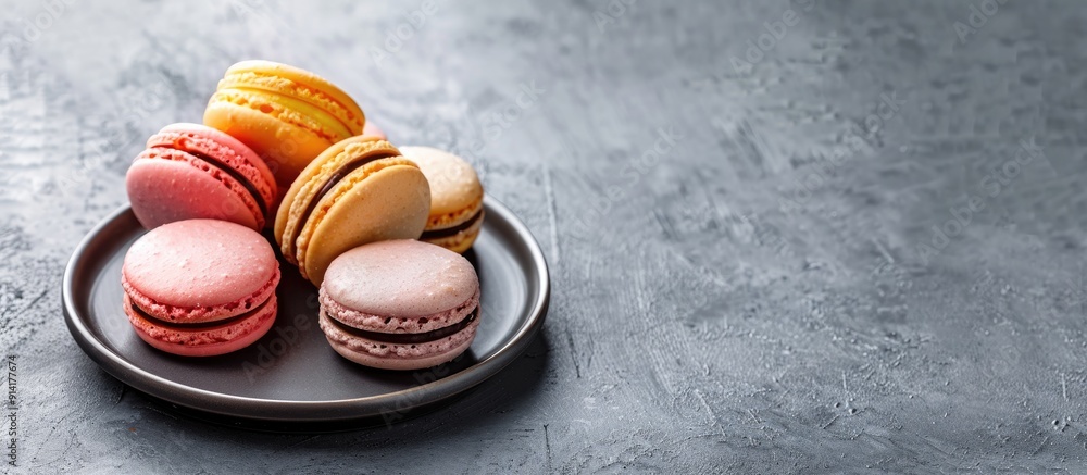 Aufkleber French macarons displayed on a plate against a gray concrete backdrop with a clear area for text or other elements in the image. Creative banner. Copyspace image