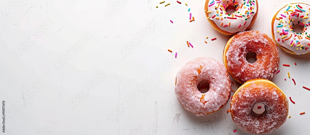 Leinwandbilder glazed donuts on white background with room for text in a flat lay copy space image