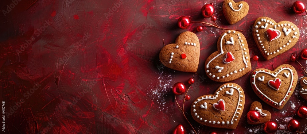 Poster valentine s day concept with heart shaped gingerbread cookies on a dark red background enhancing the