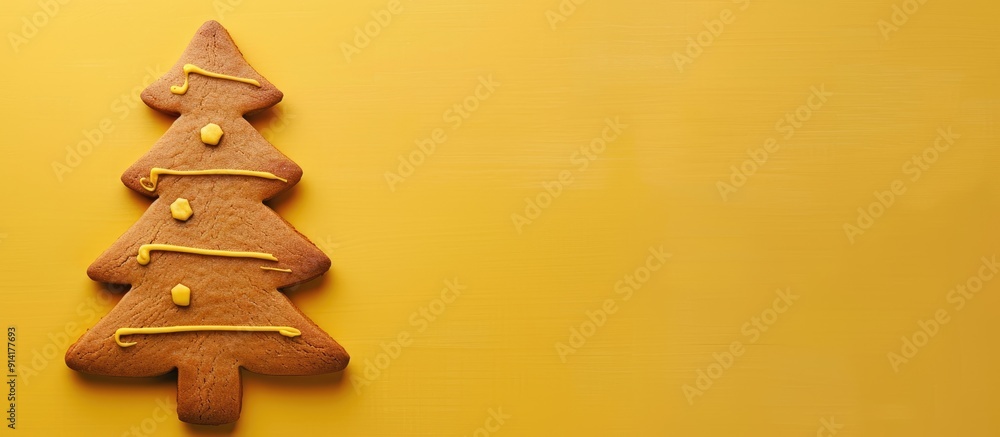 Leinwandbilder top view of a gingerbread christmas tree displayed on a yellow background with ample copy space imag