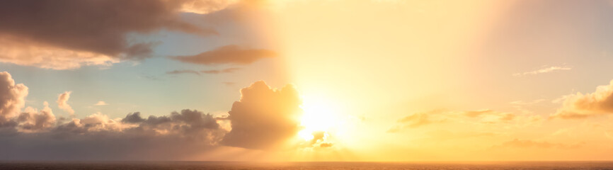 Dramatic Colorful Sunrise Sky over North Atlantic Ocean. Cloudscape Nature Background