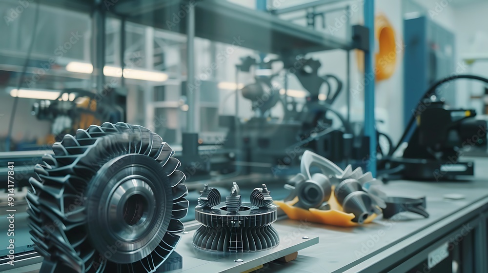 Aufkleber 3d printed mechanical parts on a workbench in a factory setting