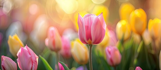 Obraz premium Hot pink tulips in focus surrounded by blurred yellow tulips in a botany park garden represent care attachment and good wishes in a spring morning sunlight setting ideal for a copy space image
