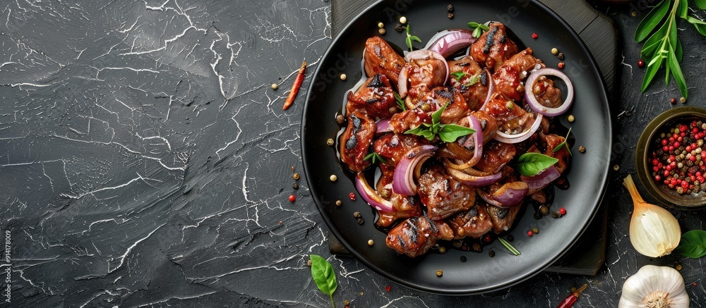 Aufkleber a raw marinated kebab with onions and spices displayed on a black plate in a top view with available