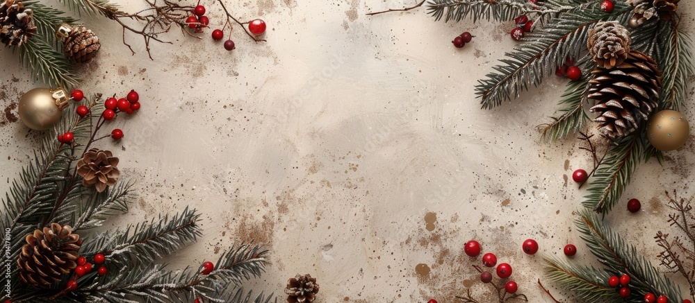 Leinwandbilder top view of a festive christmas themed grunge background with decorations like fir twigs berries bau