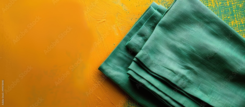 Fototapete Copy space image showing a top down view of a green kitchen napkin neatly folded on a table set against an isolated background in a minimalistic flat lay style