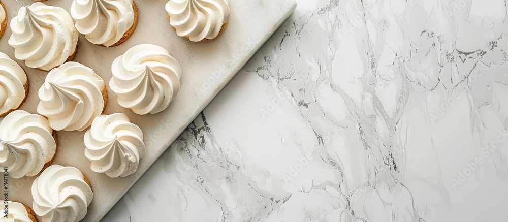 Poster Top view of a white marble table with a tray of delicious meringue cookies Ideal for adding text with copy space image