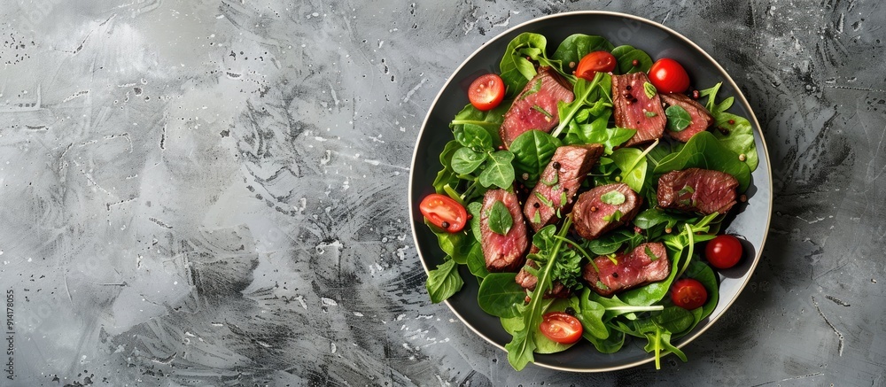 Poster A steak salad with beef organic lettuce and cherry tomatoes was presented on a concrete background with room for text or other elements in the image. Creative banner. Copyspace image