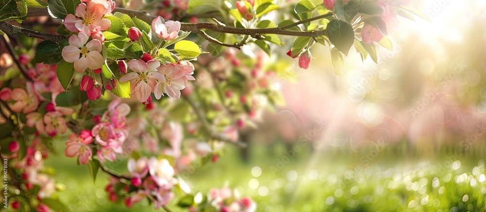 Poster lush apple trees in bloom in the garden with space for text alongside the image. creative banner. co