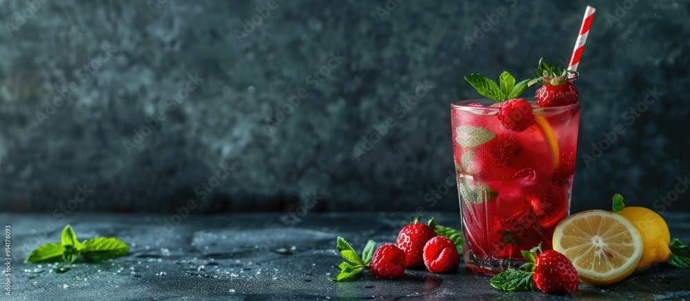 Poster Refreshingly summer strawberry lemonade drink with fresh berries and mint on a dark backdrop with available copy space image