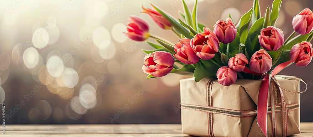 Fototapete A Mother s Day greeting card with tulips and a gift displayed on a table accompanied by copy space for adding personalized text