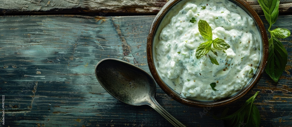 Poster traditional tzatziki displayed on a wooden backdrop beside a spoon with room for text in the copy sp