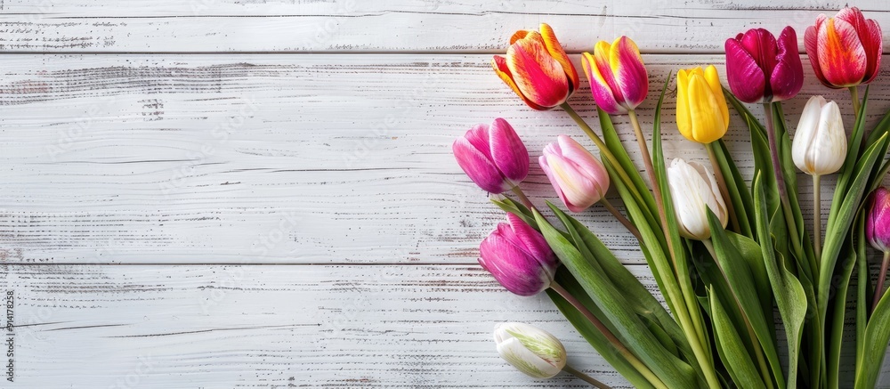 Poster easter themed setting with a vibrant tulip bouquet arranged on a vintage white wooden surface creati