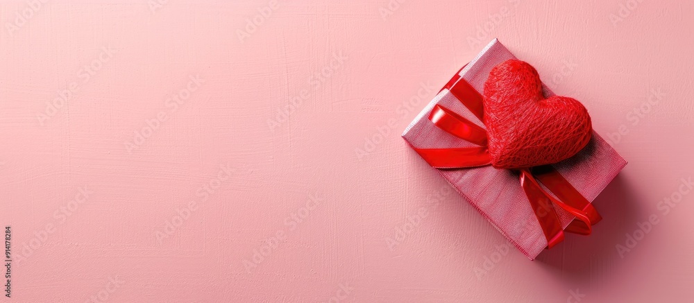 Poster top down view of a red heart and gift box on a pink background ideal for valentine s day themes with