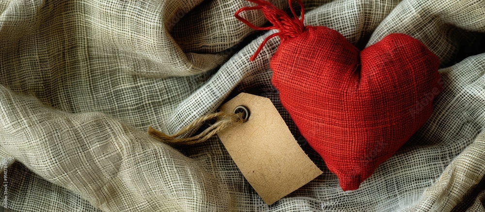 Poster handmade red cloth heart on vintage linen fabric with tag label perfect for valentine s day ideal fo