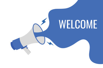 welcome button, banner, label, template for website. welcome text with colorful megaphone icon
