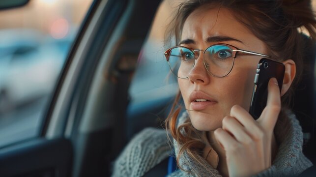 Besorgte Frau im Auto am Telefon – Angespannte Situation unterwegs