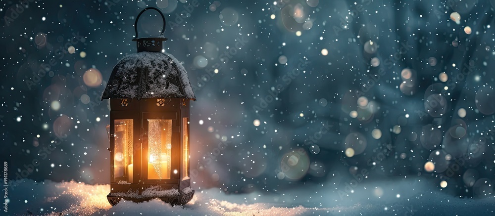Poster lantern casting a warm glow against a snowy backdrop with copy space image