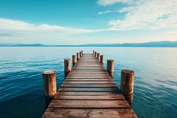 Obraz premium Wooden Pier Extending Into Calm Blue Lake