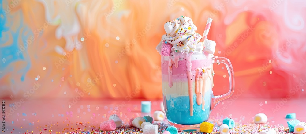Poster Copy space image of a vibrant rainbow milkshake topped with marshmallows and whipped cream isolated on a charming table against a colorful backdrop