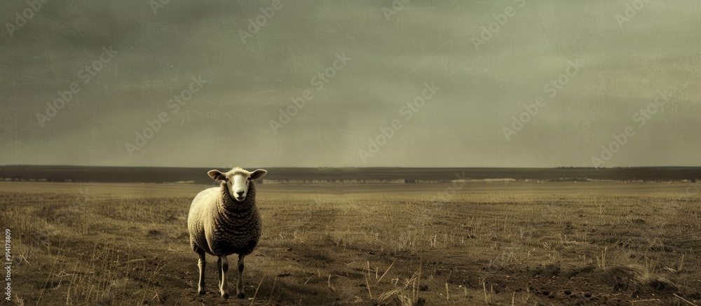 Poster The sheep in the public farm appears lonesome melancholic and contemplative set against a backdrop of vast copy space image