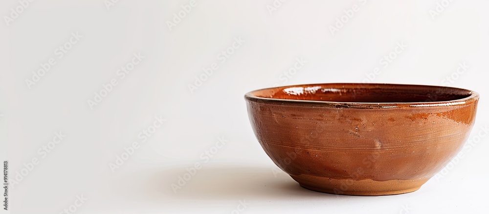 Poster side view of a brown ceramic salad bowl on a white background featuring copy space image