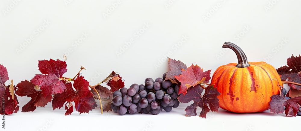 Poster isolated on a white backdrop a vibrant composition of a pumpkin and red grape leaves creates an eleg