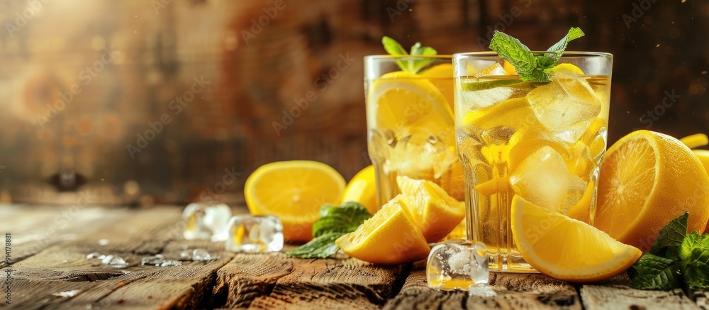 Poster refreshing summer lemonade with lemon slices mint leaves and ice cubes in two glasses on a wooden su