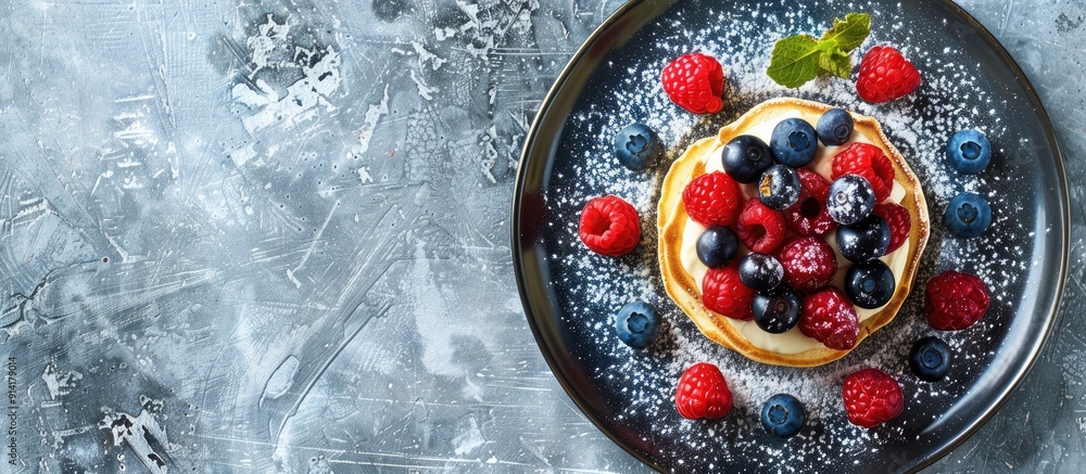 Aufkleber pancakes topped with berries and cream on a plate with copy space image