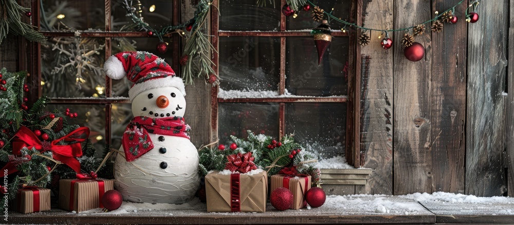 Fototapete festive merry christmas setting with a charming snowman in festive attire and gift boxes on a rustic