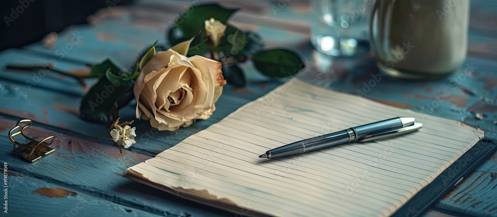 Aufkleber Various office supplies like a pen notebook paper and a paper clip arranged neatly with a dry rose creating a serene backdrop on a desk with copy space image