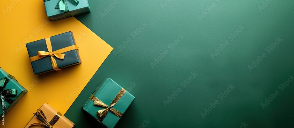 Fototapete gift boxes in green shade placed on a colorful background with copy space image available