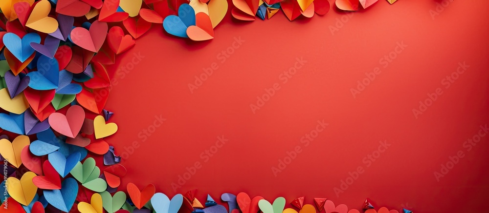 Poster lgbt concept represented by a frame with colorful paper hearts on a red background with copy space i